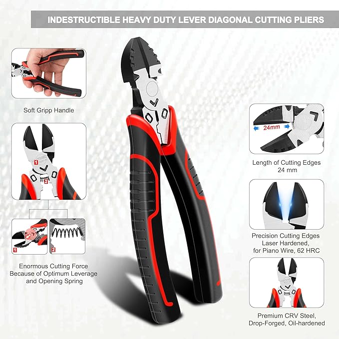 HAUTMEC 3PCS High Leverage Multi Plier Tool Set Include 8" Needle Nose Pliers Set, 8" Linesman Pliers, 6" Diagonal Cutting Plier, HT0270