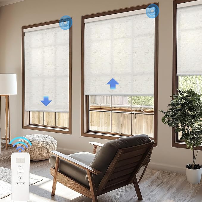 Motorized Blinds with Remote Cordless Automatic Motorized Shades Custom Blinds for Windows Smart Curtains Compatible with Alexa Google Home(Light Filtering Linen Sandy Beach,W34 x H72in)