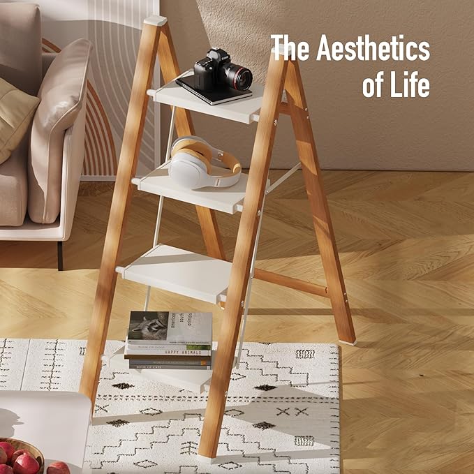 4 Step Lightweight Aluminum Folding Ladder, Portable Step Stool with Anti-Slip Pedals, 330 lbs Capacity for Home, Office, Kitchen(White&Woodgrain)