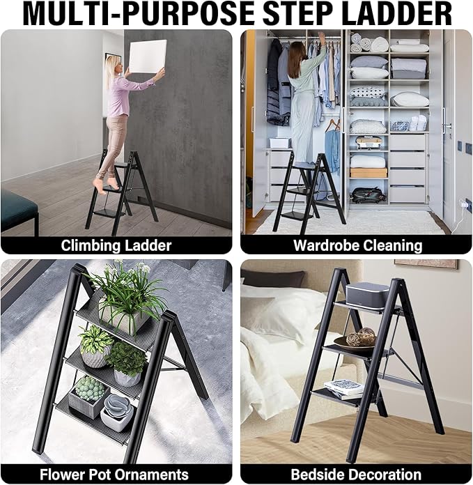 3 Step Ladder, Aluminum Lightweight Folding 3 Step Stool with Anti-Slip Wide Pedal, 330lbs Capacity Step Ladder for Household,Kitchen,Office, Ease of Folding, Portable