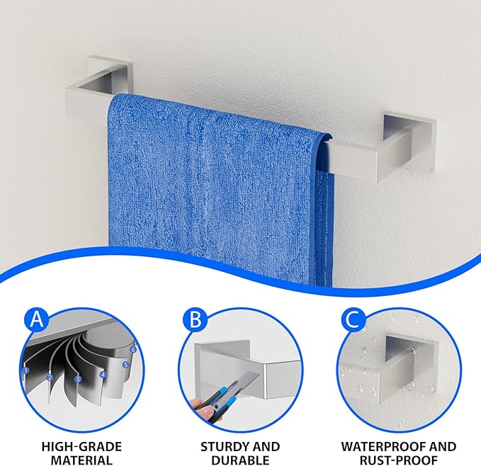 Brushed Nickel 5-Pieces Bathroom Hardware Set, SUS304 Rustproof Steel 16" Rectangle Bathroom Towel Racks Accessories Set, Luxury Hotel Grade Organization Hardware Kit