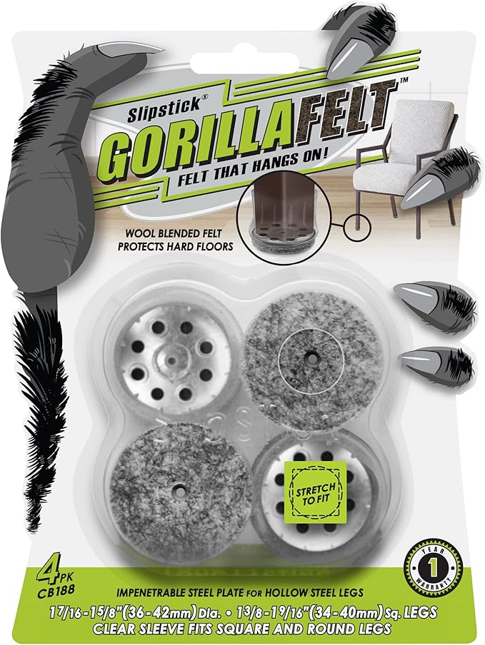 Slipstick GorillaFelt Chair Leg Floor Protectors for Hardwood Floors, Clear Sleeve Felt Pads for Furniture That Stay On, Fits Round & Square Legs, Includes 4 Premium Transparent Chair Socks, CB188