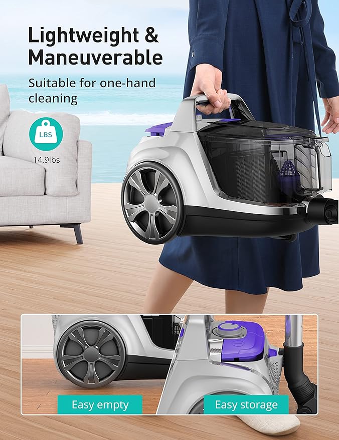 Aspiron Canister Vacuum Cleaner, 30Kpa Bagless Vacuum Cleaners, 3.7QT Large Dust Cup, Double HEPA Filter, Retractable Cord, 1600W Lightweight Vacuum Cleaner with 5 Tools for Hard Floors, Violet