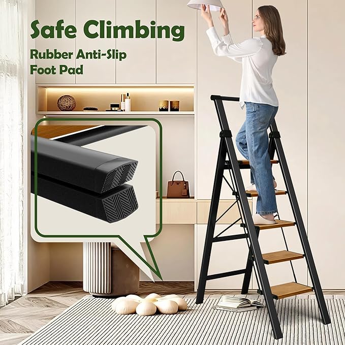Taranta 5 Step Ladder, Portable Folding Ladder with Wide Pedal, Lightweight Aluminum Step Stool with Convenient Handgrip, 330 lbs Capacity Stepladder for Home, Office - BlackWoodgrain