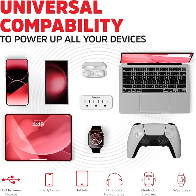 Energizer 3 Device Multi Plug Wall Outlet Extender - 3 AC Power Outlets Grounded Power Strip Expander Plug in Adapter