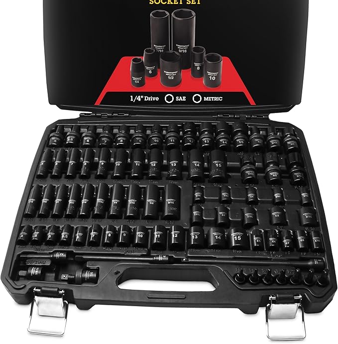 TIGHTSPOT 1/4" Drive 80pc Impact Socket MASTER SET, our Most Complete Set Ever with SAE & Metric from 3/16 Inch - 9/16 Inch, 4mm - 15mm, Standard/Deep/Universal & Torx & Inverted Torx Sockets & More