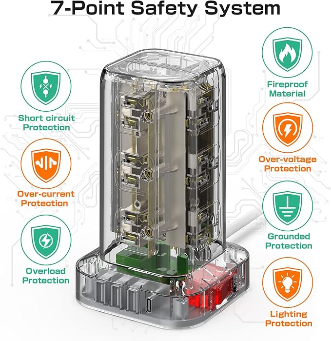 Extension Cord with Multiple Outlets, Surge Protector Power Strip Tower, 12 AC 4 USB,Surge Protector Tower 6.5FT Overload Protection for Home Office