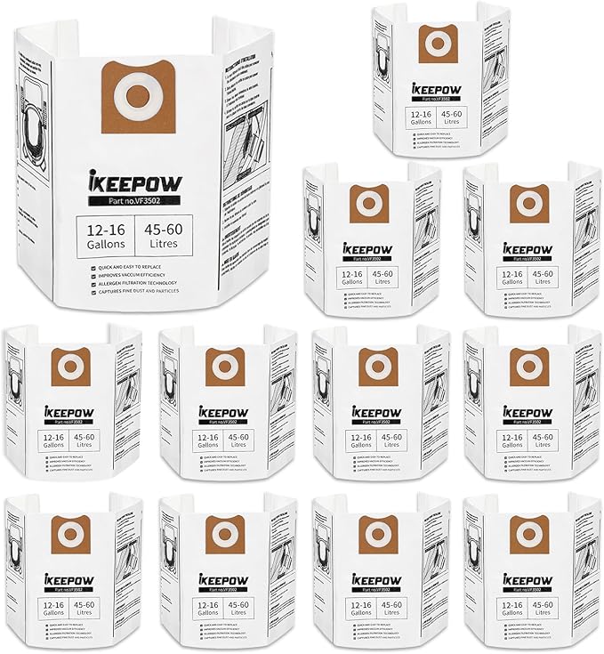 12 Pack VF3502 Shop Vac Bags, Compatible with Ridgid & Craftsman Vacuum 12-16 Gallon, Replacement Fiter Bags, 23743 VF3502 High Efficiency Dust Bags