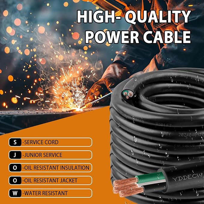 25ft 12/3 12 AWG Portable Power Cable (3 Conductor) - SJOOW 300V 12 Gauge Electric Wire for Motor Leads, Portable Lights, Battery Chargers and Machinery - 3 Conductor - 25 Feet Electrical Cord