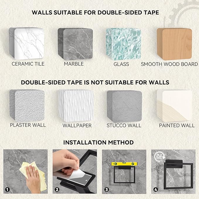 LANC Hand Towel Holder for Bathroom Wall Mount Matte Black Square Self Adhesive Hand Towel Rings for Bathroom Hardware Accessories Kitchen Toilet Stainless Steel Towel Hanger Racks, A8396MB