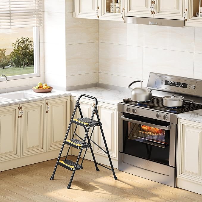 3 Step Ladder, Heavy-Duty 800lb Capacity, Wide Anti-Slip Steps & Secure Handrail Compact, Folding Step Stool Portable Design for Home, Kitchen, Office, Pantry, Closet Use, Black