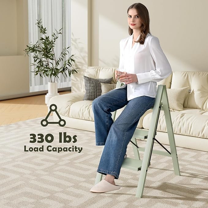 Taranta 3 Step Ladder,Aluminum Lightweight Folding 3 Step Stool with Anti-Slip Wide Pedal,330lbs Capacity Step Ladder for Household,Kitchen,Office - Fairyland Green