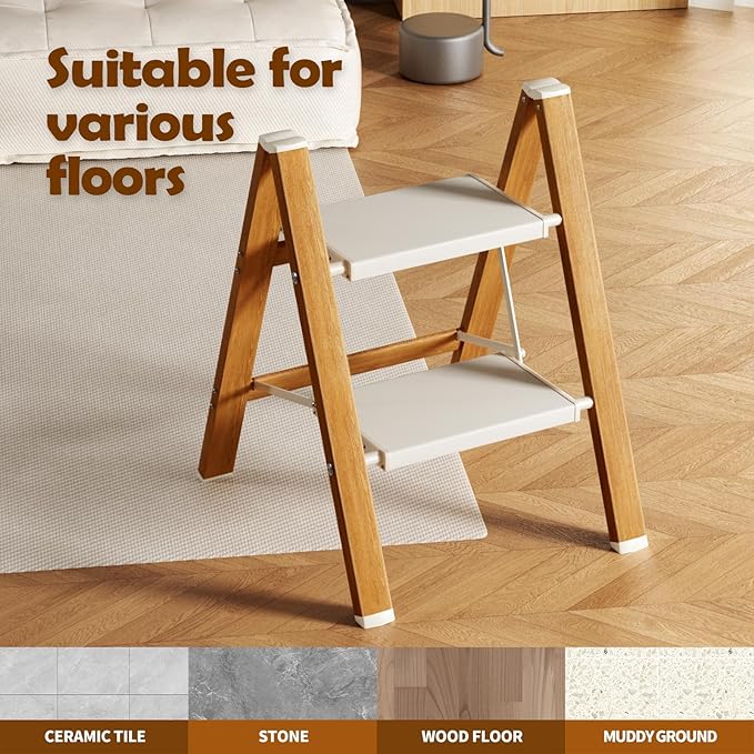 Taranta 2 Step Ladder,Aluminum Lightweight Folding 2 Step Stool with Anti-Slip Wide Pedal, 330lbs Capacity Step Ladder for Household,Kitchen,Office - White Woodgrain