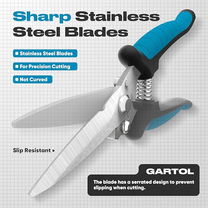 GARTOL 8" Scissors All Purpose Heavy Duty - Razor-sharp Tin Snips for Sheet Metal, Electrical Wires, Insulation, Ropes, Cardboard | Electrician Tools with Cable Notch, Ergonomic Grip | DIY Scissors