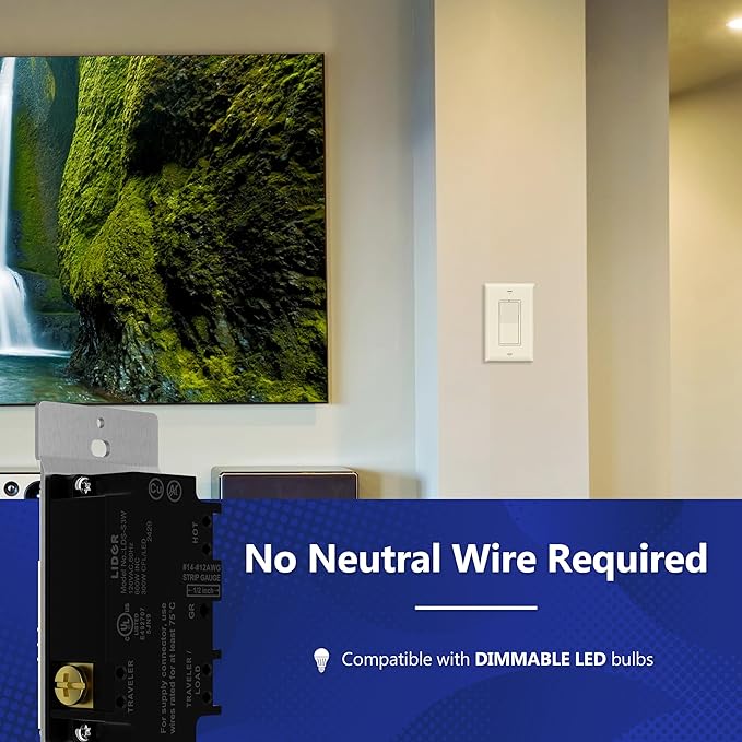 LIDER Dimmer Paddle Switch for Dimmable 300W LED/CFL Lights, 1-Pole or 3-Way, 120 V, Modern Upgrade, UL Listed, Wall Plate Included, Light Almond