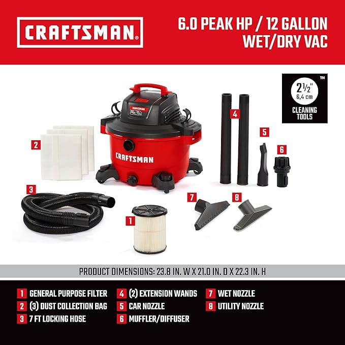 CRAFTSMAN CMXEVBE17594 12 Gallon 6.0 Peak HP Wet Dry Vac, Portable Shop Vacuum Wet and Dry with Filter, 3 Dust Bags, Muffler/Diffuser, Hose and Attachments for Home Projects & Renovations