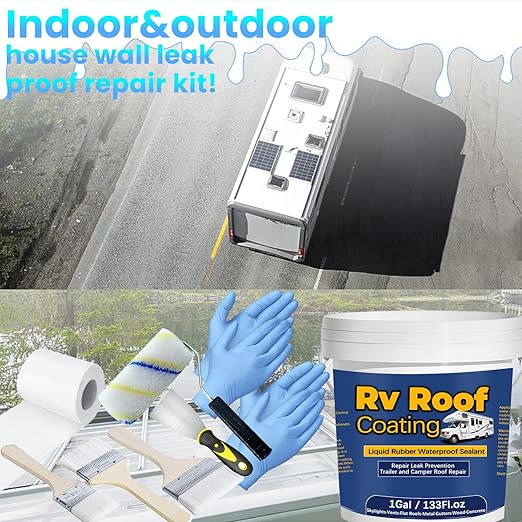 1Gal/133Fl.oz Liquid Rubber Rv Roof Coating White Waterproof Sealant Camper Roof Repair Solar Reflective Sealant with Wooden Brush Putty Knife Work Gloves Paint Roller Drywall Repair Tape