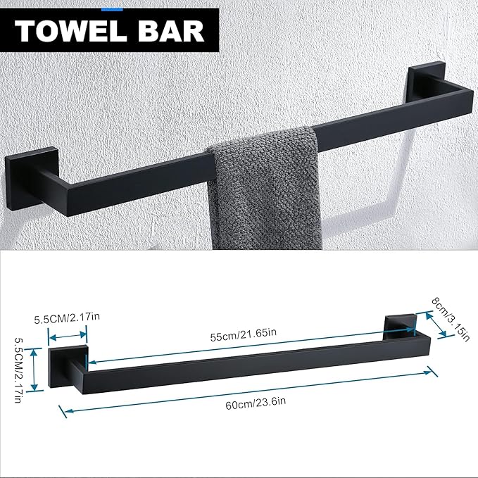 YACVCL 5 Pieces Black Bathroom Accessorie Set 23.6 Inch Towel Bar Set,SUS304Stainless Steel Bathroom Hardware Set,Wall Mounted Towel Holder Set for Bathroom