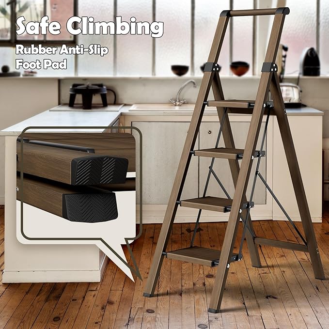 Taranta 4 Step Ladder, Portable Folding Ladder with Wide Pedal, Lightweight Aluminum Step Stool with Convenient Handgrip, 330 lbs Capacity Stepladder for Home, Office - Walnut