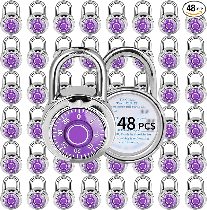 Combination Lock, LQYN Standard Dial Combination Lock, Pack of 48; Purple Turnplate, 2 in. Wide, Fixed Three Digital Combination, for School, Gym & Locker, Toolbox, Gate