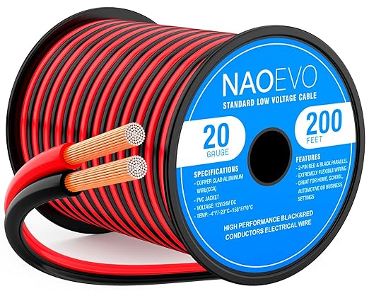 NAOEVO 20 Gauge Wire 200FT, 2 Conductors Electrical Wire Red Black Cable, Flexible/Low Voltage/PVC 20 AWG Copper Clad Aluminum Extension Cord for Speaker, LED Strips, Automotive 12V/24V DC