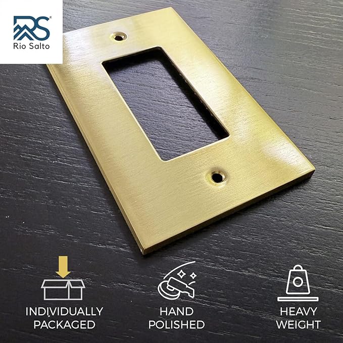Rio Salto Modern Edge Metal Brass Gold Wall Outlet Cover or Light Switch Cover Rocker Decora Electrical Switch Covers Decorator Plug Wall Plate MIDSIZE Covers Gold (Rocker 1-Gang)
