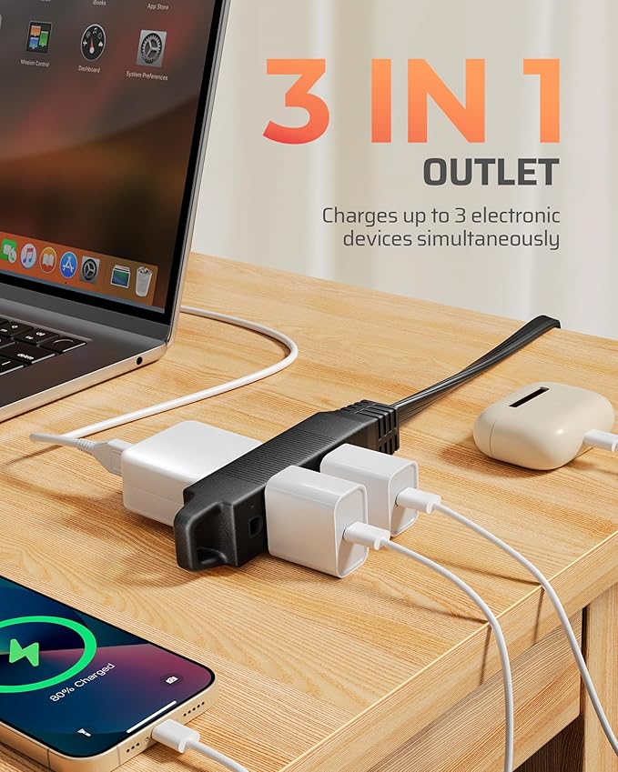 DEWENWILS 6FT Flat Plug Extension Cord, 360° Rotating Plug, 3 Prong Ultra Thin Power Strip, 13A/125V/1625W, 16 Awg Grounded Flat Power Cable for Indoor Narrow Space, SPT-3, ETL Listed, Black