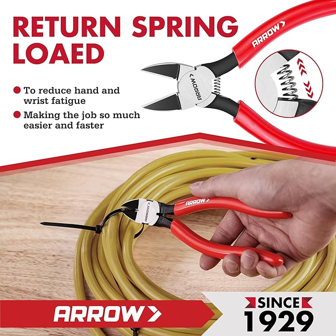 ARROW 7" Precision Wire Cutters - Spring Loaded Side Cutters, Ultra-Sharp Flush Cut Pliers, Diagonal Cutting Pliers with Non-Slip Handle for Jewelry Making, Crafts, Electronics, Zip Ties, DIY Models