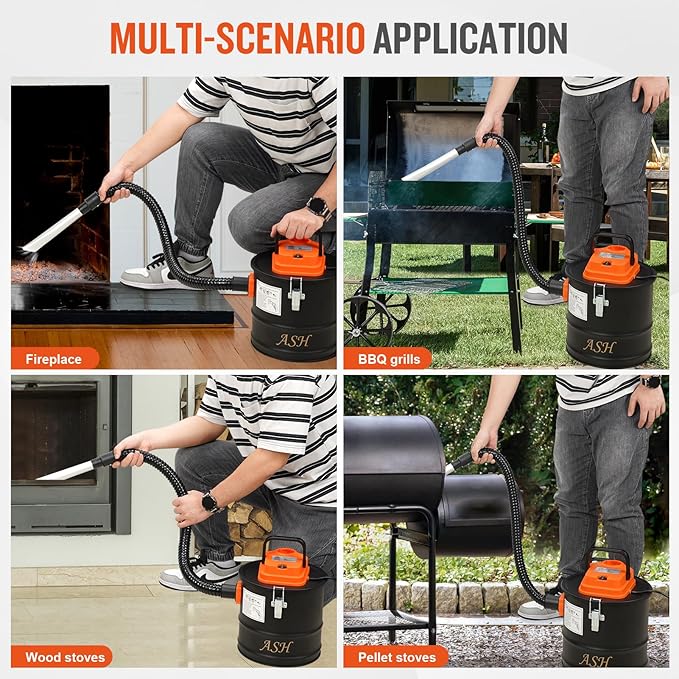 Ash Vacuum Cleaner -2.6 Gallon Fireplace Ash Vac with 800w Powerful Hose Non-Woven Dust Separator | Dry Stove Vacuum for Fireplaces Pellet Grill Wood Stove Fire Pits Orange