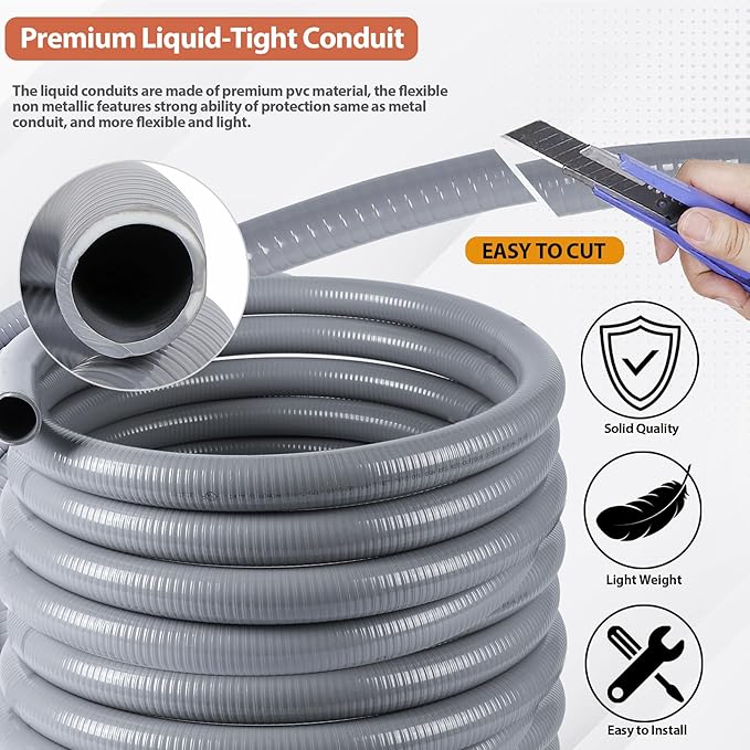 Liquid-Tight Conduit 1-1/4 inch 25ft, Electrical Conduit w/UL Certification, Flexible Conduit with 5 Straight and 5 90-Degree Conduit Connector Fittings Gray