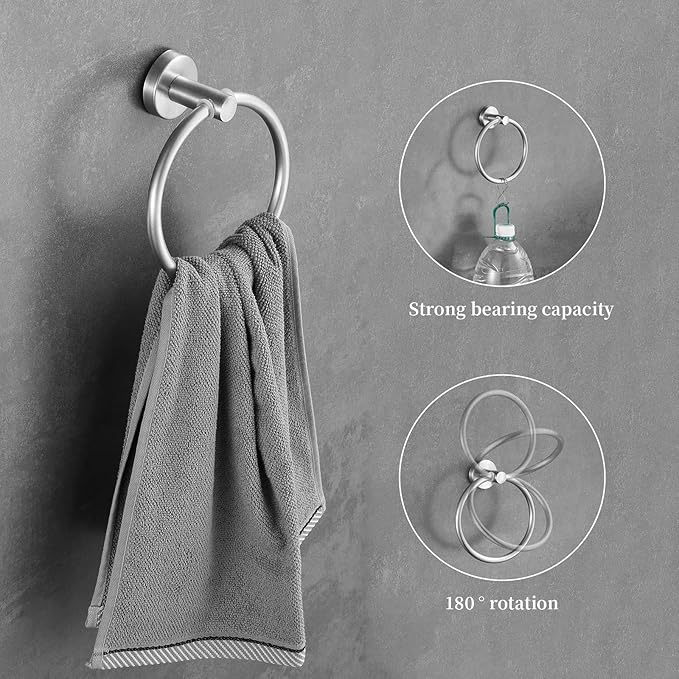 Bathroom Hardware Set Brushed Nickel, 24 Inch Towel Bar Set 10 Pieces Bathroom Accessories Set Includes Includes 2 Packs 24 Inch Towel Bar, Towel Ring, Toilet Holder and 4 Packs Towel Hooks