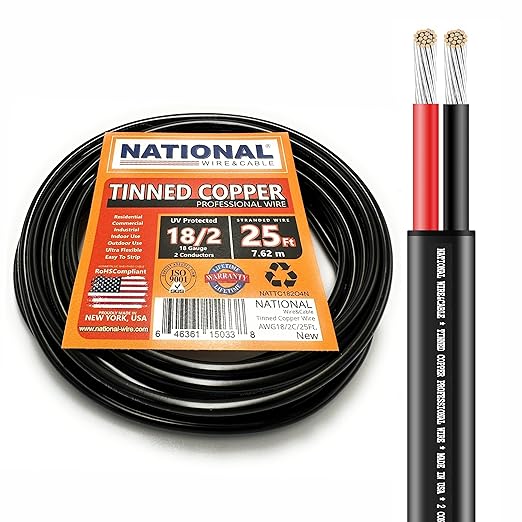 National Wire&Cable - 18/2 Tinned Copper Professional Wire (25 Feet) 18 AWG Gauge Stranded PVC Cord - 2 Conductor Electrical Wire - Made in USA - CL Rated/ETL Listed - LED Light, Low Voltage Cable