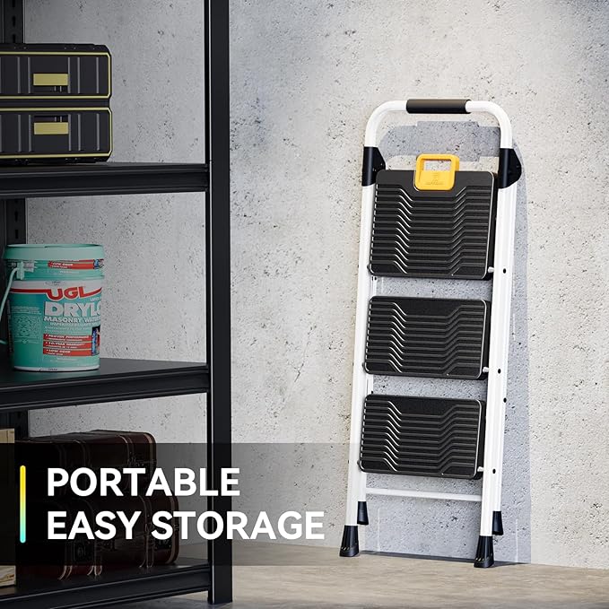 KINGRACK 3 Step Folding Ladder, 800lbs Capacity Step Stool with Safety Lock, Non-Skid Wide Pedals, and Handrail, Lightweight, Household Ladder for Home, Kitchen, Pantry, Closets, and Office Use, White