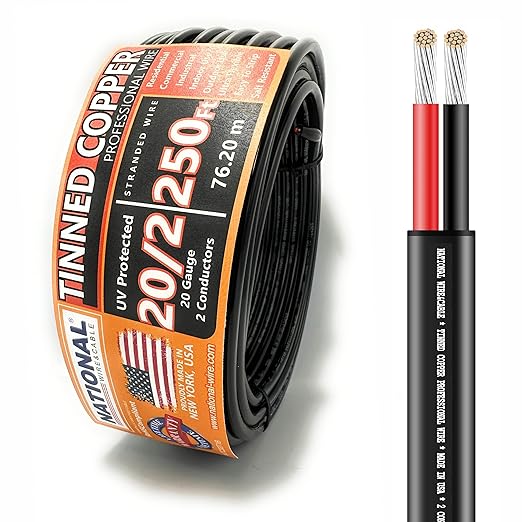 National Wire&Cable - 20/2 Tinned Copper Professional Wire (250 Feet) 20 AWG Gauge Stranded PVC Cord - 2 Conductor Electrical Wire - Made in USA - CL Rated/ETL Listed - LED Light, Low Voltage Cable
