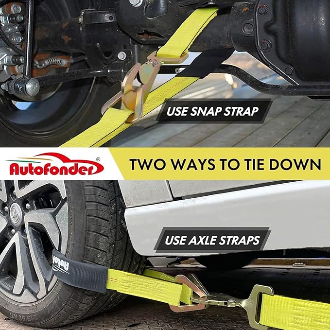 4 Pack 2” Heavy Duty Car Ratchet Tie Down Kit with Snap Hooks-Break Strength 10,000lbs-Working Load 3,333lbs-Includes 36” Axle Straps with D-Ring(Yellow)