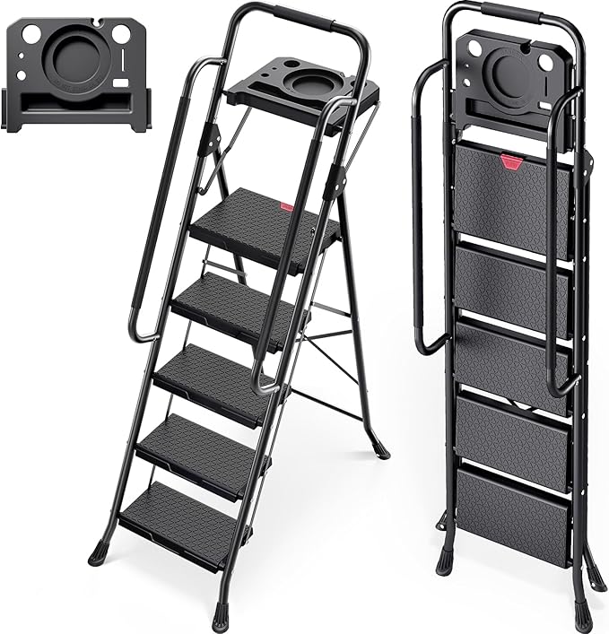 KINGRACK 5 Step Ladder, Folding Step Stool for Adult with Tool Platform, Handrails, Wide Anti-Slip Pedals, Pass 800lbs Load Testing, Portable Safety Step Stool for Home, Kitchen, Black