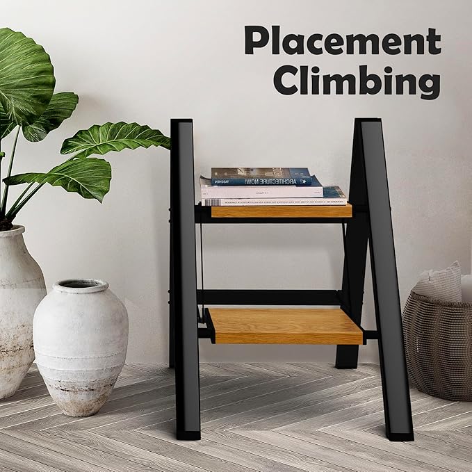 Taranta 2 Step Ladder,Aluminum Lightweight Folding 2 Step Stool with Anti-Slip Wide Pedal, 330lbs Capacity Step Ladder for Household,Kitchen,Office - BlackWoodgrain