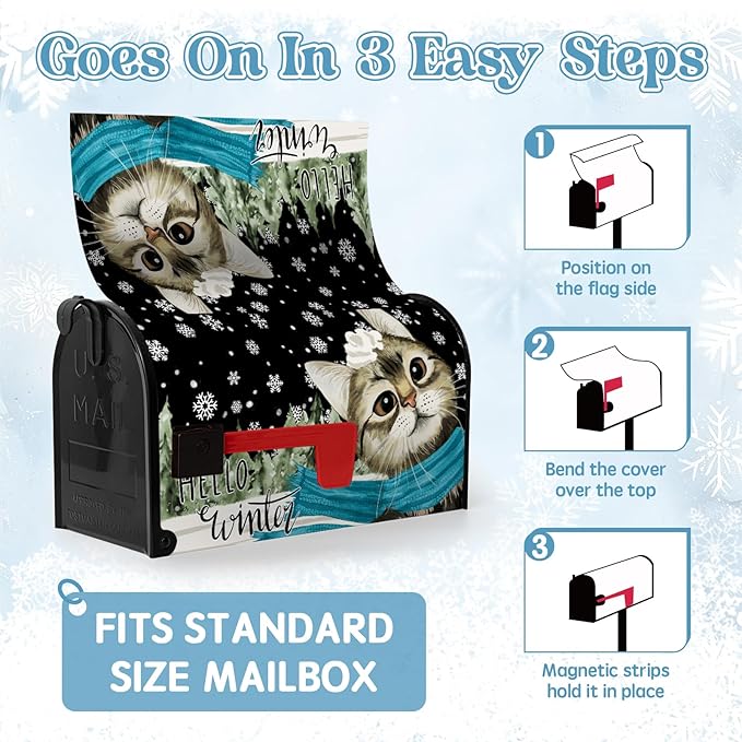 Hello Winter Cat Magnetic Mailbox Covers Large Size 25.5x21 Inch Snowflakes Pine Tree Post Box Mailbox Wraps Cute Cat Cover Oversized Outdoor Decor for Garden Yard