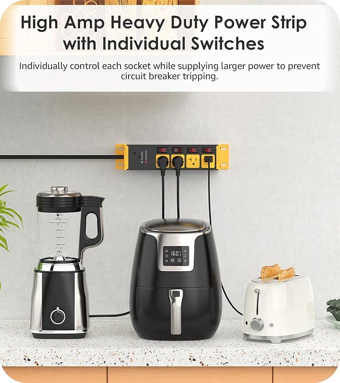 CCCEI Heavy Duty Surge Protector Power Strip 20 Amp Individual Switches. 4FT 12 Gauge Extension Cord with Multiple Outlets. Kitchen, Garage, Shop, Industrial Wall Mount Electric Extender, Yellow.