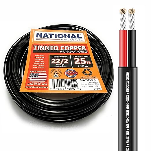 National Wire&Cable - 22/2 Tinned Copper Professional Wire (25 Feet) 22 AWG Gauge Stranded PVC Cord - 2 Conductor Electrical Wire - Made in USA - CL Rated/ETL Listed - LED Light, Low Voltage Cable