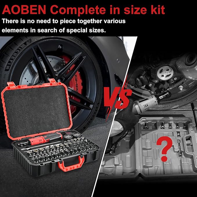 AOBEN Cordless Electric Ratchet Wrench with 83pc 1/4" to 3/8" impact sockets set,12V Electric Wrench with Variable Speed,3/8" to 1/4" Adapter, 3" Extension Bar