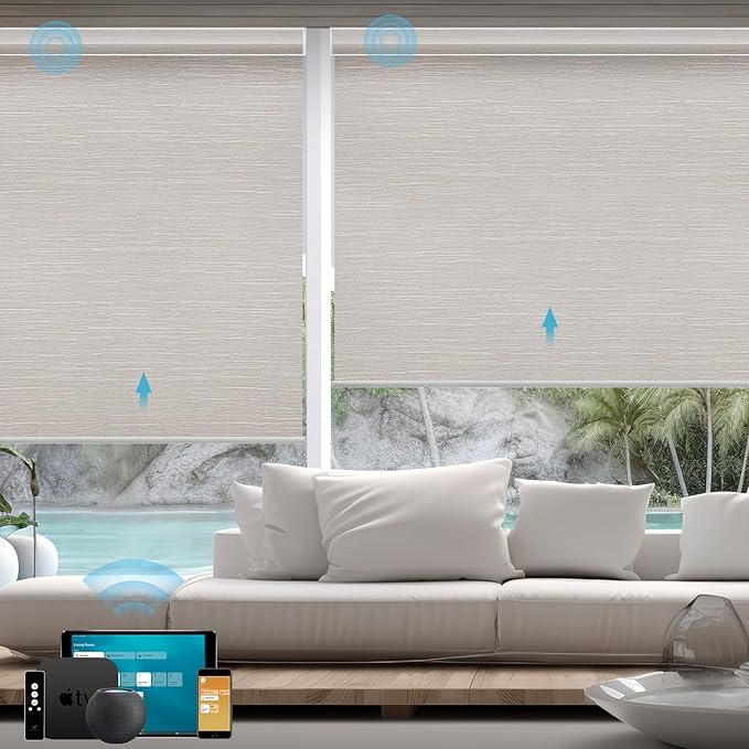 SmartWings Motorized Smart Blinds with Remote, Custom Automatic 100% Blackout Roller Shade Compatible with Alexa/Homekit/Google, Electric Smart Blinds for Indoor Windows, Essential Cream