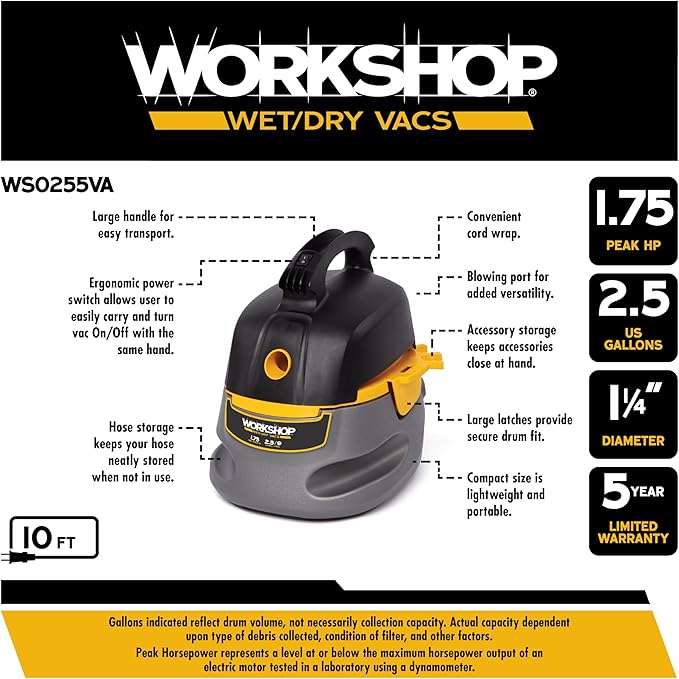WORKSHOP Wet/Dry Vacs Shop Vacuum WS0255VA 2.5-Gallon 1.75 Peak HP Portable Wet Dry Vacuum Cleaner with Filter Bag, Hose and Attachments for Cleaning in the Home