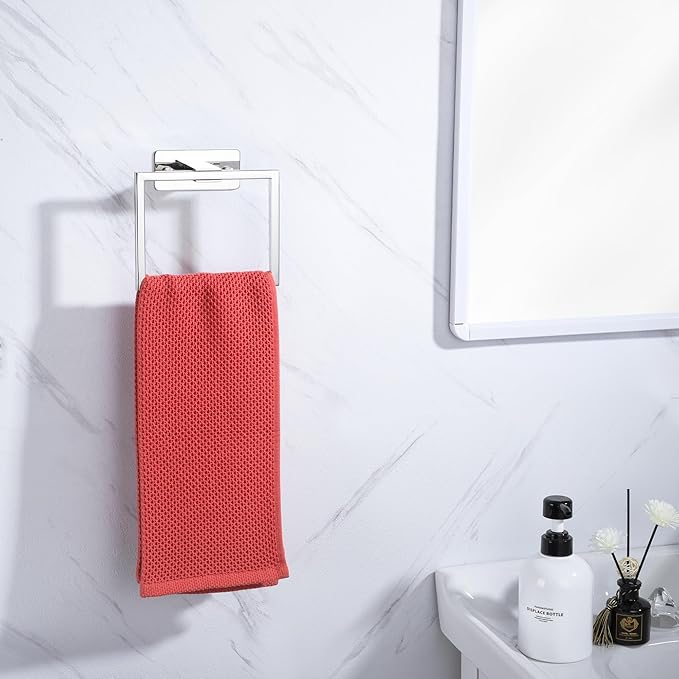 LANC Hand Towel Rings for Bathroom Wall Mount Chrome Polished Square Self Adhesive Hand Towel Holder for Lavatory Bathroom Hardware Accessories Stainless Steel Modern Shower Towel Racks, A8396CP