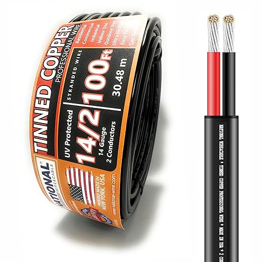 National Wire&Cable - 14/2 Tinned Copper Professional Wire (100 Feet) 14 AWG Gauge Stranded PVC Cord - 2 Conductor Electrical Wire - Made in USA - CL Rated/ETL Listed - Automotive, Low Voltage Cable