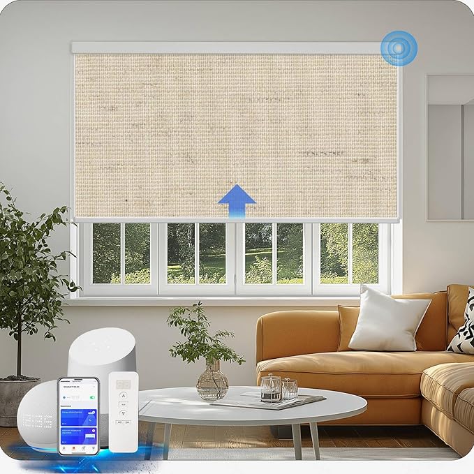 Motorized Blinds with Remote Cordless Automatic Motorized Shades Custom Blinds for Windows Smart Curtains Compatible with Alexa Google Home(Blackout Linen Soft Dunes,W55 x H72in)