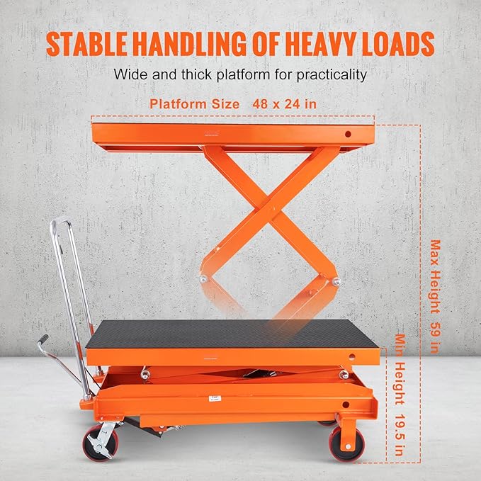 VEVOR Hydraulic Lift Table Cart, 1760lbs Capacity 59" Lifting Height, Manual Double Scissor Lift Table with 4 Wheels and Non-Slip Pad, Hydraulic Scissor Cart for Material Handling and Transportation