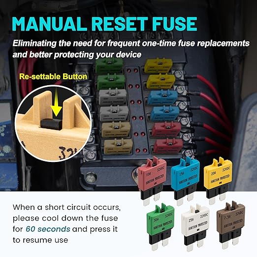 NuIth Manual Reset Mini Fuse Circuit Breakers 5A-30A, E39 Low Profile ATO/ATC Circuit Breaker Blade Fuse 12V-32V DC Re-settable Standard Blade Fuses for Car Truck RV Marine (7PCS 5A-30A)