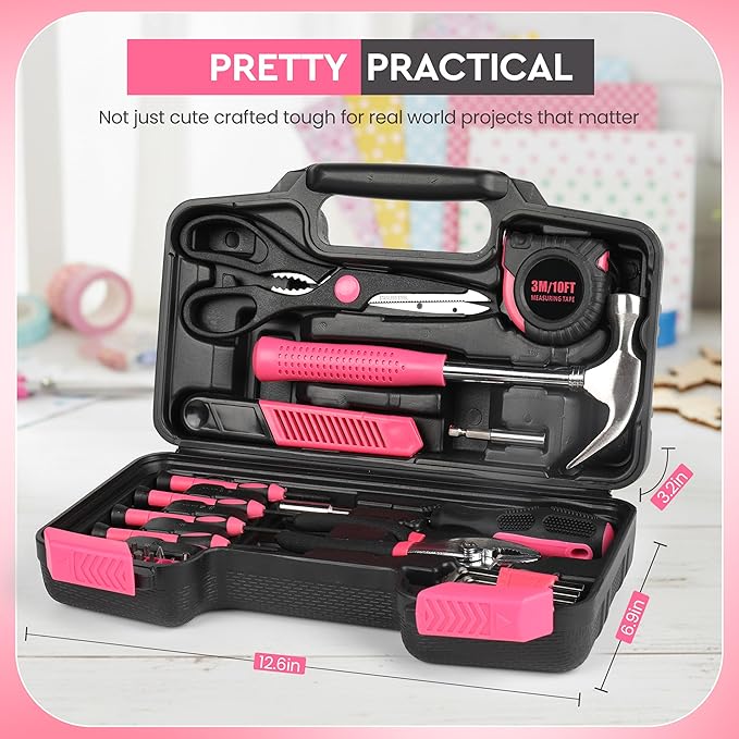 39-Piece Pink Tool kit for Women with Plastic Storage Case – All Purpose Household Repair Tool kit, Essential for Women for Home, Office, Apartment, Dormitory Use