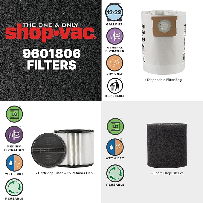 Shop-Vac 9601806 18 Gallon Wet/Dry Utility Vacuum, 6.0 Peak HP, 2.5 Inch Diameter x 8 Foot Hose, 20 Foot Cord, Design For Powerful Suction